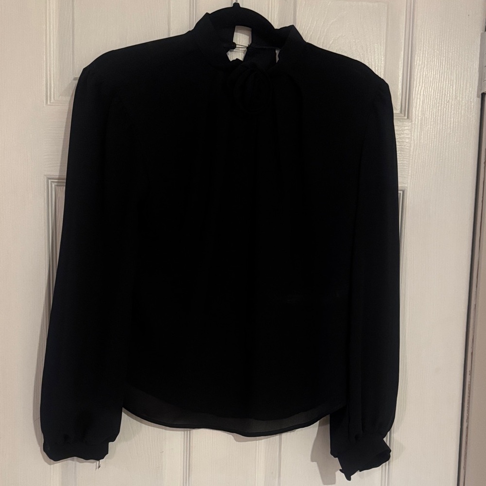 Black Ruffled Long Sleeve Blouse with Mandarin Collar